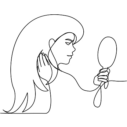 A young Woman looks in the mirror Continuous line drawing. Single line hand drawn art.  Vector illustration.