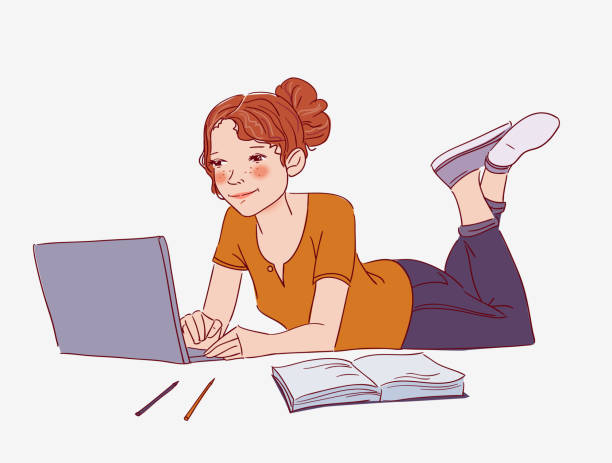 ilustrações de stock, clip art, desenhos animados e ícones de young woman lying on the floor and  working on laptop - jovem a escrever