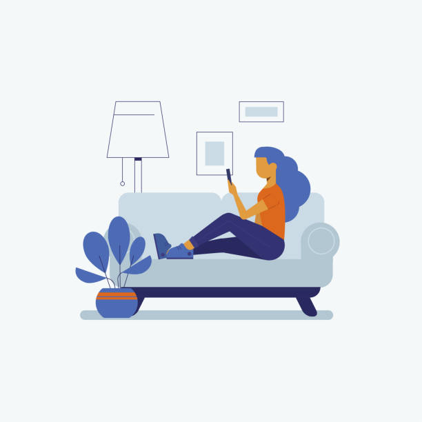 illustrazioni stock, clip art, cartoni animati e icone di tendenza di giovane donna sul divano con illustrazione vettoriale per smartphone in stile piatto. - sofa