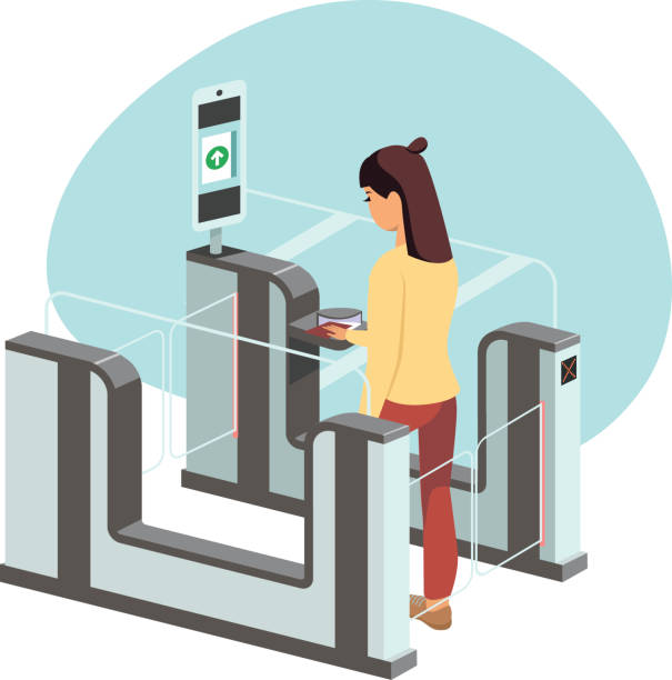 Young woman passing through automated passport border control gates Young woman passing through automated passport border control gates flat vector illustration security borders stock illustrations