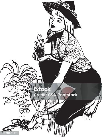 istock Young woman planting flowers in garden 1328175711