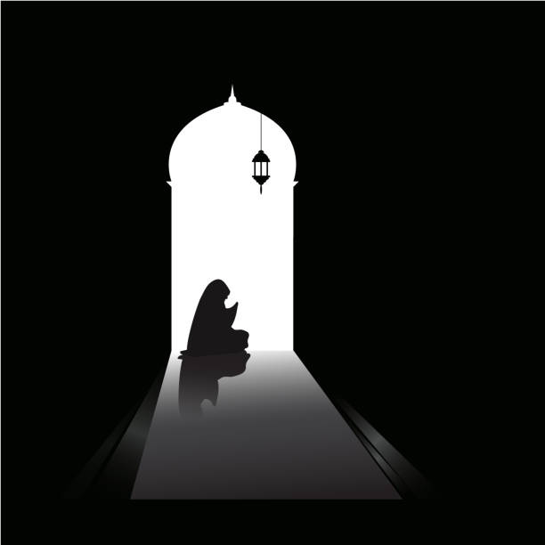 illustrazioni stock, clip art, cartoni animati e icone di tendenza di giovane donna che prega da sola nella notte di pace del ramadan,illustratrice - salah
