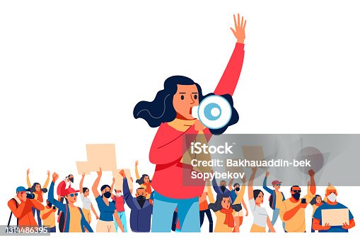 istock A young woman shouts through megaphones, supporting the protests against the background of discontented people protesting. Flat design colorful illustration isolated on white 1314486395