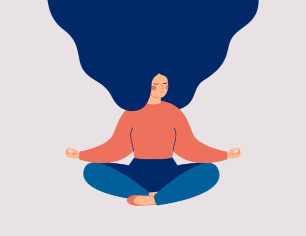 Young woman sits with cross-legged on the floor and meditates with closed eyes. Young woman sits with cross-legged on the floor and meditates with closed eyes. Girl makes morning yoga, relaxes at home or breathing exercises. Body positive and health care concept. Vector zen stock illustrations