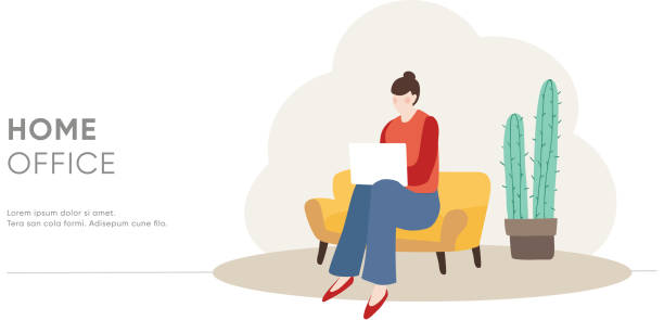 Young woman sitting on sofa and working on laptop at home. Home office concept. Female freelancer, entrepreneur. Modern business vector illustration, flat design with cactus plant. Web template. Young woman sitting on sofa and working on laptop at home. Home office concept. Female freelancer, entrepreneur. Modern business vector illustration, flat design with cactus plant. Web template. entrepreneur patterns stock illustrations
