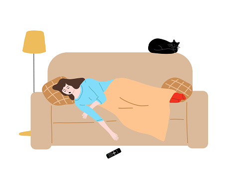 Hand drawn young woman sleeping on sofa with fallen remote over white background vector illustration. Sleep and rest concept