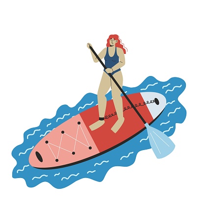 A young woman standing on a sup board with paddle. Sup boarding outdoor activity. Flat vector  illustration.