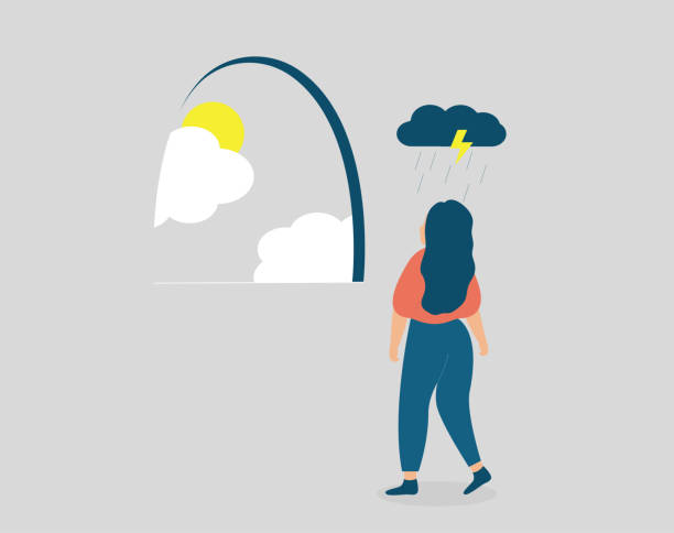 stockillustraties, clipart, cartoons en iconen met young woman stands under a rainy cloud and looks at the sunlight through a window. adolescent female wants to get rid of anxiety. vector stock - rain woman sun
