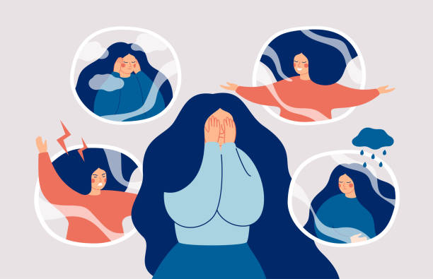 Young woman suffering from bipolar disorder, psychological diseases, schizophrenia. Young woman suffering from bipolar disorder, psychological diseases, schizophrenia. Girl surrounded by symptoms of bipolar disorder: euphoria, psychosis, depression, sad, empty, hopeless, tearful. pain clipart stock illustrations