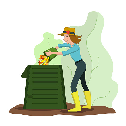 A young woman throws organic debris into a composter in the garden. People gardening and zero waste concept vector illustration.
