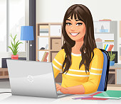 Vector illustration of a young woman with long hair and a yellow shirt sitting in her room at the desk using a laptop. Concept for young people, students, distant learning, working at home, home office, domestic life, creativity and freelance work.