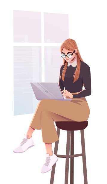 ilustrações de stock, clip art, desenhos animados e ícones de young woman using laptop working at outdoor cafe. girl browsing internet, chatting, blogging - jovem a escrever