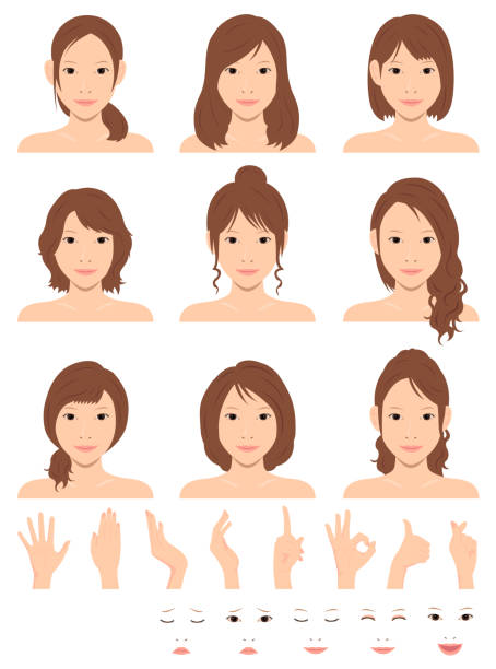 Young woman vector illustration set / hair style variation / hand gesture and emotional face pattern set Young woman vector illustration set / hair style variation / hand gesture and emotional face pattern set chinese girl hairstyle stock illustrations