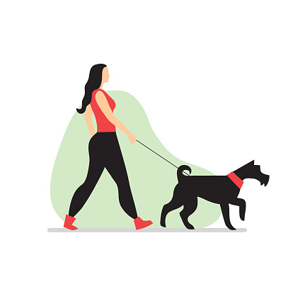 Young woman walking dog.
