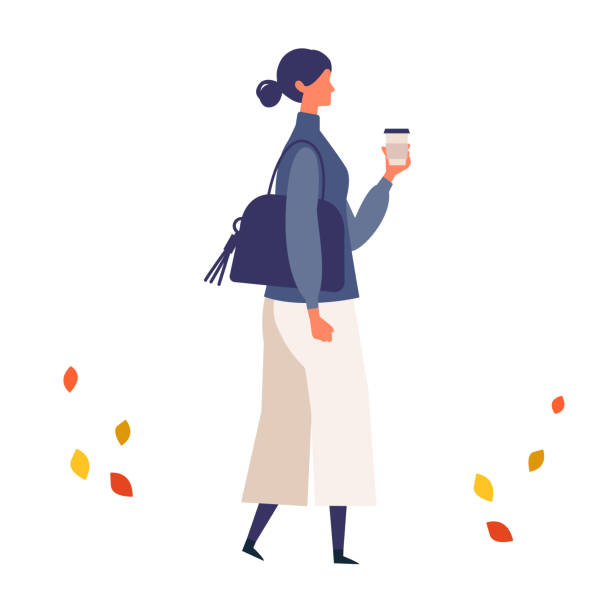 stockillustraties, clipart, cartoons en iconen met een jonge vrouw die in de herfst loopt. modieuze vrouw die rond de straat loopt. - walking with coffee
