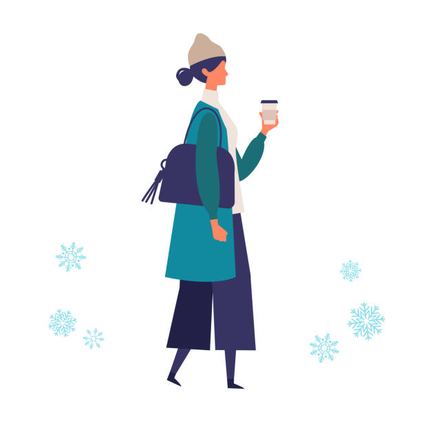 stockillustraties, clipart, cartoons en iconen met een jonge vrouw die in de winter loopt. modieuze vrouw die rond de straat loopt. - walking with coffee