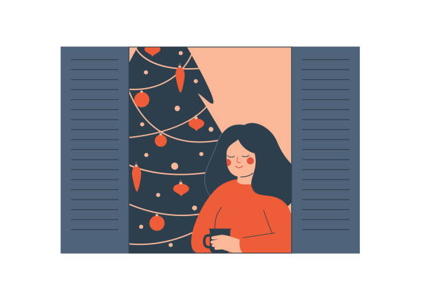stockillustraties, clipart, cartoons en iconen met een jonge vrouw met een mok in haar handen kijkt uit het raam op oudejaarsavond. - vrouw kerstboom versieren