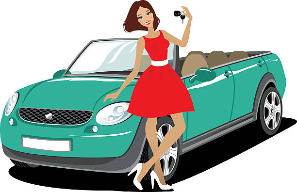 Young woman with a new car Fashionable young woman holding keys from a new convertible car. teen driving stock illustrations