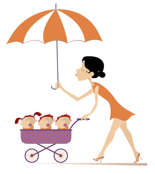 Young woman with children in the baby carriage vector art illustration