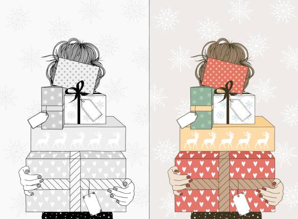 ilustrações de stock, clip art, desenhos animados e ícones de young woman with christmas gifts - woman holding a christmas gift