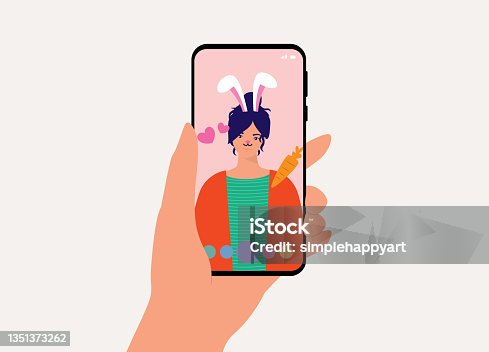 istock Young Woman With Cute AR Selfie Pose. Augmented Reality Animated Self-Portrait. 1351373262