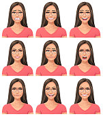 Vector illustration of a young woman with glasses with nine different facial expressions: anxious, smiling, laughing, neutral, stunned/surprised, screaming/ furious,  angry, talking and mean. Portraits perfectly match each other and can be easily used for facial animation by simply putting them in layers on top of each other.