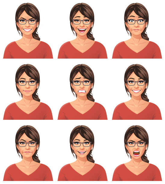 Vector illustration of a young woman with glasses with nine different facial expressions: mean/smirking, laughing, stunned/surprised, neutral, anxious, smiling, angry, talking, furious/shouting. Portraits perfectly match each other and can be easily used for facial animation by putting them in layers on top of each other.
