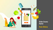 Banner design for Grocery store, Online Market, Home delivery. Young woman with smartphone and food. Vector illustration in a flat style.