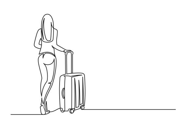 Young woman with suitcase continuous one line drawing Young woman with suitcase continuous one line drawing. Travel concept. Woman traveler and suitcase isolated on white background. Vector illustration airport drawings stock illustrations