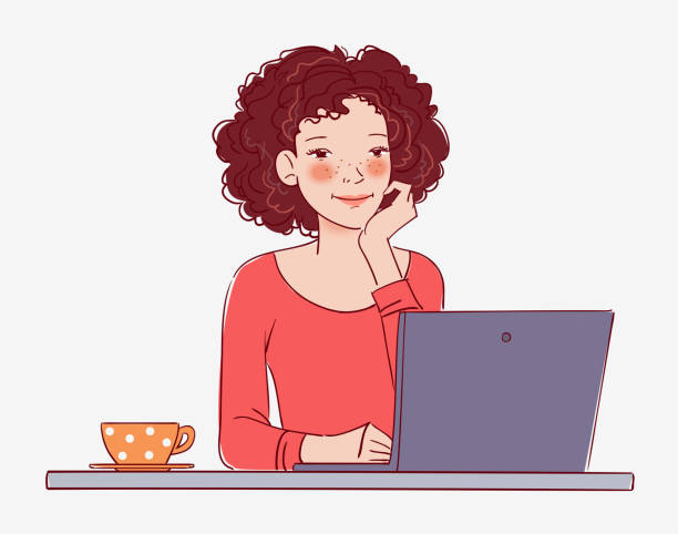 ilustraciones, imágenes clip art, dibujos animados e iconos de stock de mujer joven que trabaja en la computadora portátil - curley cup
