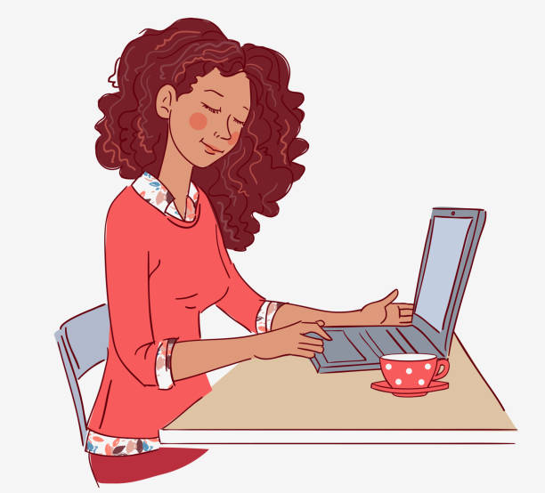 молодая женщина, работающая на ноутбуке - curley cup stock illustrations