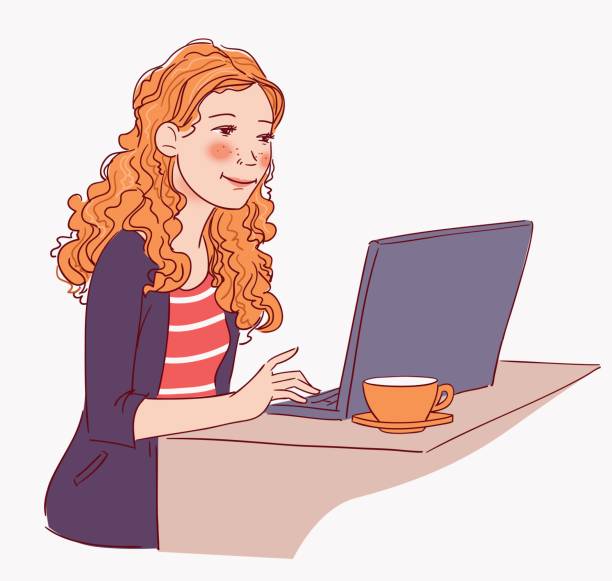 ilustraciones, imágenes clip art, dibujos animados e iconos de stock de mujer joven que trabaja en la computadora portátil - curley cup