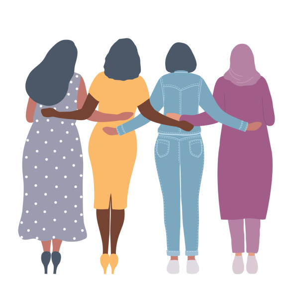 Young women are standing and hugging. Back view. International Women's Day concept vector art illustration