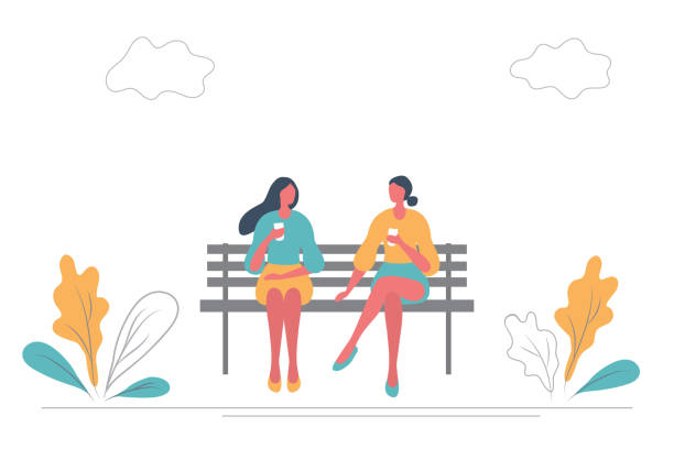 stockillustraties, clipart, cartoons en iconen met de jonge vrouwen drinken koffie op een bank in een park - walking with coffee