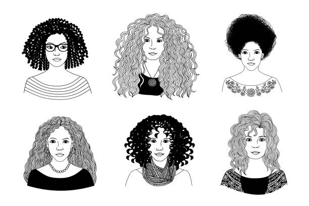 Young women with different types of curly hair Hand drawn black and white illustration of six young women with different types of curly hair curly hair stock illustrations