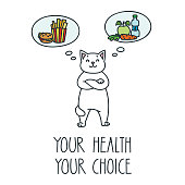 Funny cat choosing between healthy and junk foods. Dieting or good health concept. Hand drawn illustration isolated on white background. Vector 8 EPS.
