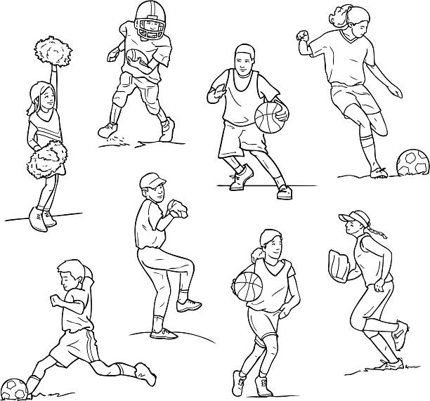Youth Sports (Line Art Vector Illustrations) This vector illustration includes 8 drawings of young boys and girls playing sports. Line art (black and white) sketches include a cheerleader, football player, basketball players, soccer players, a baseball player and a softball player. All of the athletes appear to be children or young teenagers.  soccer clipart stock illustrations