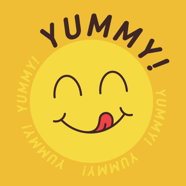 stockillustraties, clipart, cartoons en iconen met yummy glimlach emoticon met tong likken mond. smakelijk eten eten emoji gezicht. heerlijke cartoon met speeksel druppels op geel - eetklaar