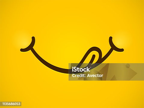 istock Yummy smile vector cartoon line emoticon lick mouth lips with tongue. Delicious tasty eating emoji face yellow background 1135686053