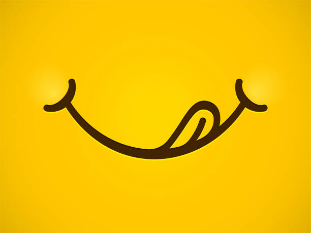 Yummy smile vector cartoon line emoticon lick mouth lips with tongue. Delicious tasty eating emoji face yellow background  hungry stock illustrations