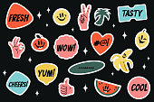 Yummy sticker set with comic characters such as banana, lemon, watermelon, tomato, smiling face. Vector colorful sticker templates isolated on black background.