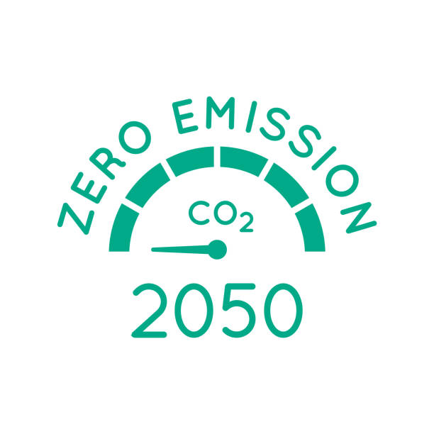Zero emission by 2050. Gauge arrow set to zero. Carbon neutral. Net zero greenhouse gas emissions objective. Climate neutral long term strategy. No toxic gases. Vector illustration, flat, clip art. greenhouse gas stock illustrations