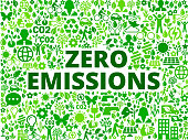 Zero emissions Environmental Conservation Vector Icon Pattern. The main wording depicted in this royalty free vector illustration is in the center of the composition and is green in color.  It is surrounded by environmental conservation icons that vary in size and shade of color. These nature and environment icons form a seamless pattern and fill the entire background of the image. The background has a dark green background. Each icon can also be used independently of the icon pattern. Vector icons include such elements as nature, recycling, people and trees and many more.