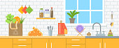 Zero waste eco friendly kitchen interior illustration. Flat vector banner. Reusable shopping bag with vegetables, mesh bag with fruits, cotton towel, glass jars with grouts, green plant on windowsill