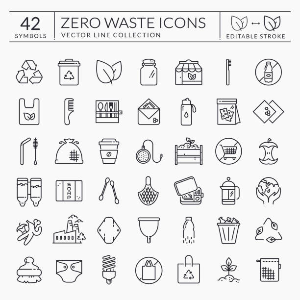 Zero waste line icons. Editable stroke. Vector set. Zero waste line icons. Outline symbols isolated on white background. Recycling, reusable items, plastic free, save the Planet and eco lifestyle themes. Editable stroke. Vector collection. bamboo material stock illustrations