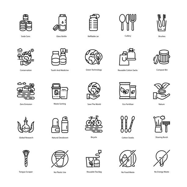 Zero Waste Line Icons Set Zero waste line icons set is here having creative icons of your needs. Editable vectors are easy to use in associated project. Grab it now! reusable water bottle stock illustrations