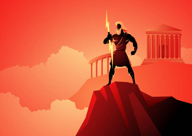 Zeus The Father of Gods and Men Greek god and goddess vector illustration series, Zeus, the Father of Gods and men standing on mountain Olympus mt olympus stock illustrations
