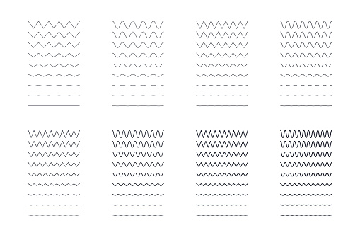 Zigzag wavy lines set. Editable stroke. Sharp and rounded seamless patterns of different thicknesses. Vector stock illustration on white background