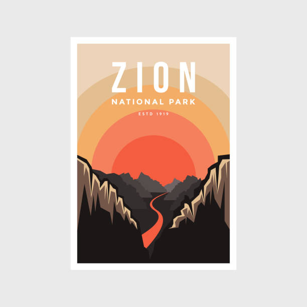 illustrazioni stock, clip art, cartoni animati e icone di tendenza di illustrazione vettoriale poster del parco nazionale di zion - canyon