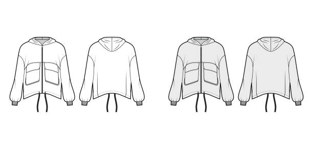 Zip-up hooded paneled track jacket technical fashion illustration with utility flap pockets, oversized, long sleeves Zip-up hooded paneled track jacket technical fashion illustration with utility flap pockets, oversized, long sleeves, drawcord hem. Flat coat template front, back white, grey color. Women, men top CAD blank hoodie template drawing stock illustrations